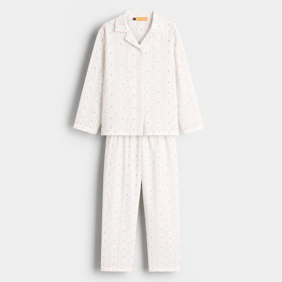 Girls Linen Viscose Nightwear Pink Floral Stripe - White/Pink