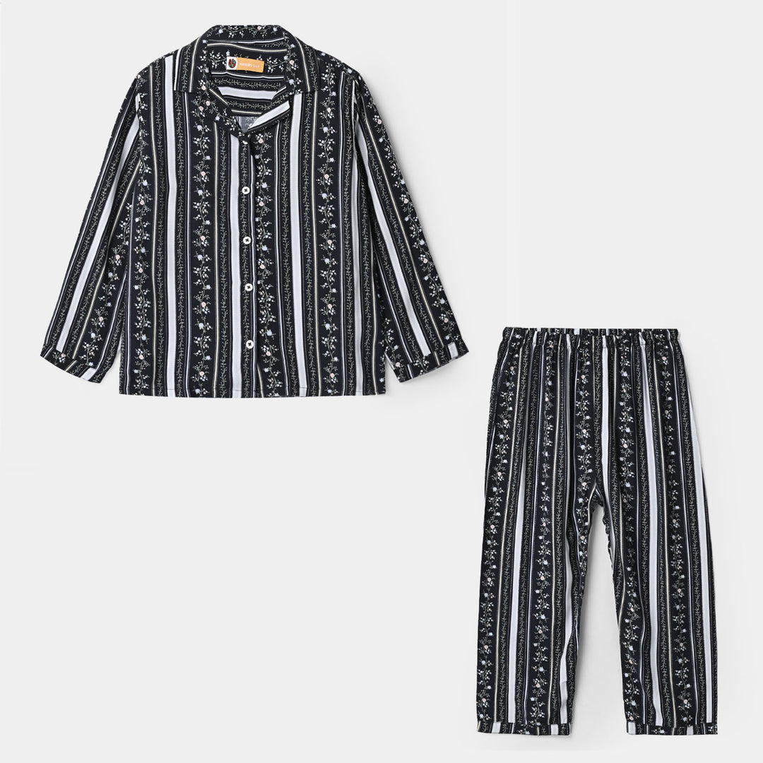 Girls Linen Viscose Nightwear-Stripe Floral-NAVY