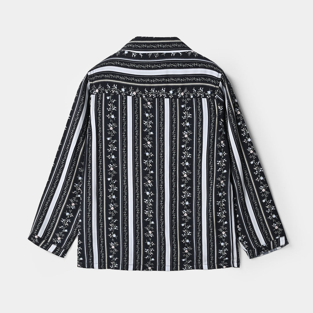 Girls Linen Viscose Nightwear-Stripe Floral-NAVY