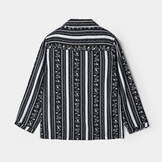 Girls Linen Viscose Nightwear-Stripe Floral-NAVY