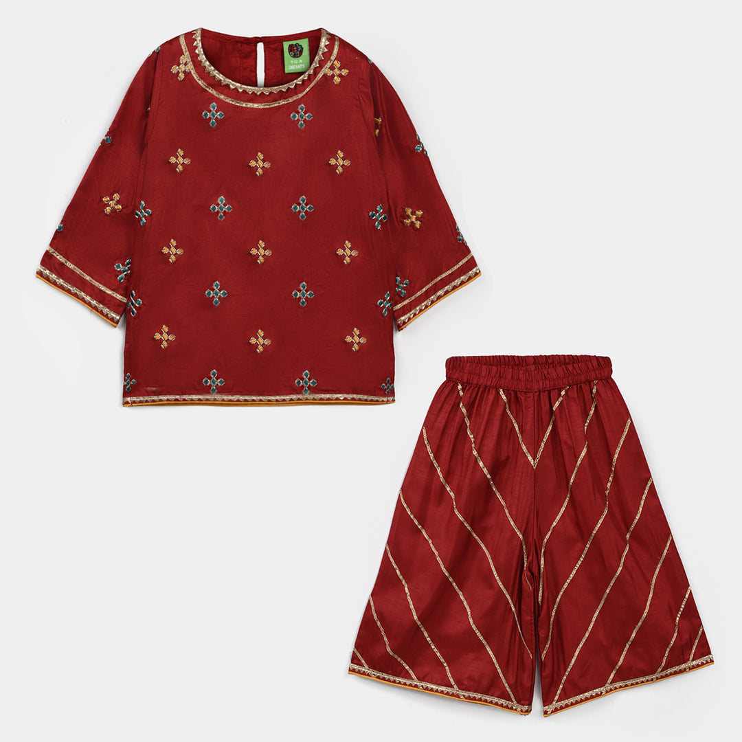 Girls Raw Silk 2 Pcs Little Desi - Red