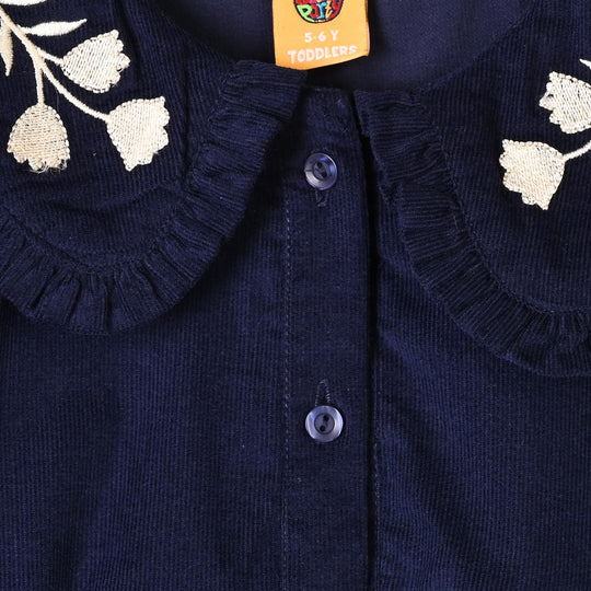 Girls Corduroy Emb Casual Frock Carbon-Navy Blue