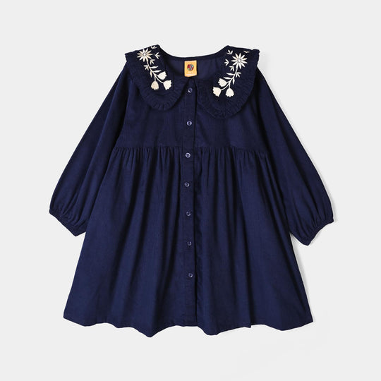 Girls Corduroy Emb Casual Frock Carbon-Navy Blue