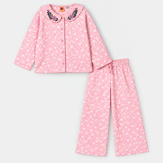 Girls Poly Crinkle 2 Pcs Suit Flowers on Collars-Pink