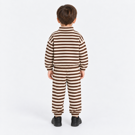 Infant Boys Cotton Terry 2Pcs Suit Stripes-BROWN