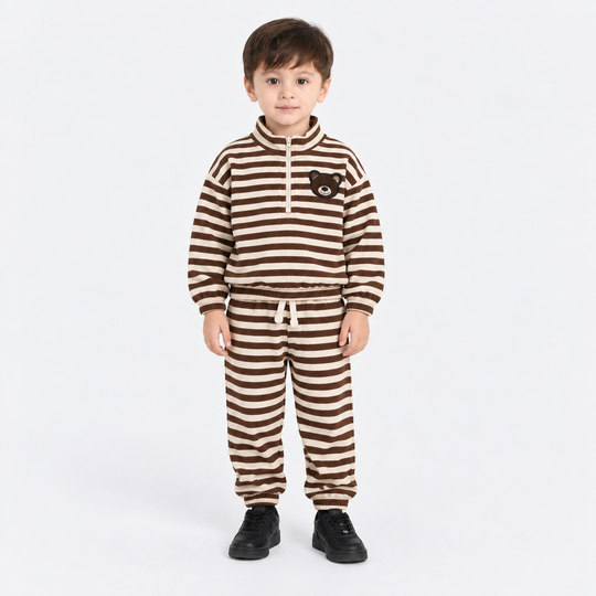 Infant Boys Cotton Terry 2Pcs Suit Stripes-BROWN