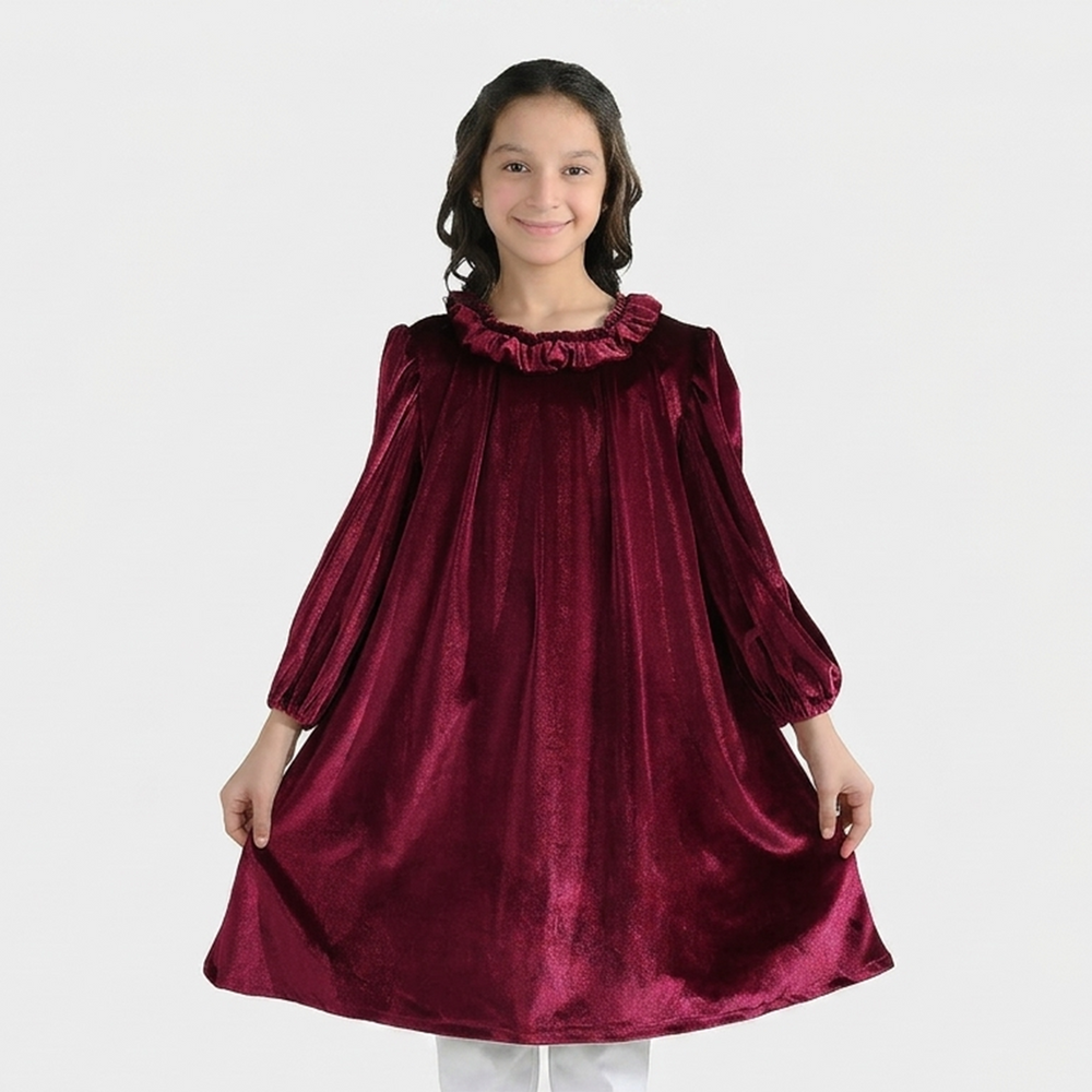 Girls Velvet Casual Frock Dream-MAROON