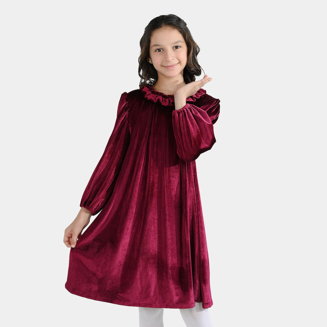 Girls Velvet Casual Frock Dream - Maroon