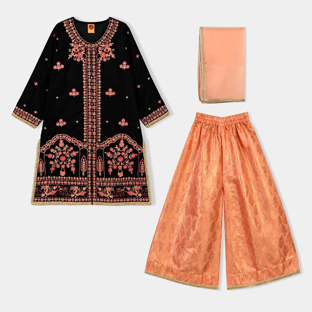 Girls Velvet 3Pcs Shahi-Green