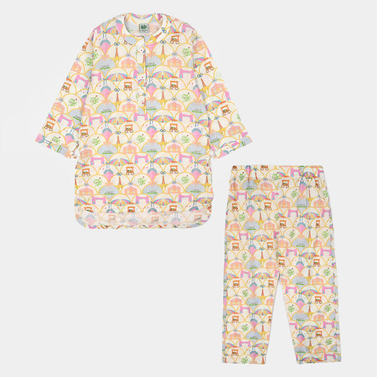 Girls Cotton Ind Printed 2Pcs Minar -E- Pakistan-White