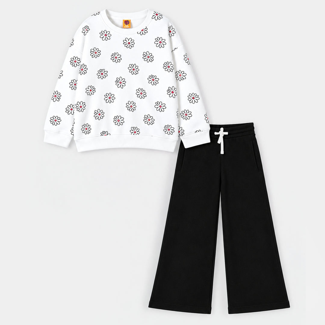 Girls Fleece 2 Piece Suit Floral-Off White Brown