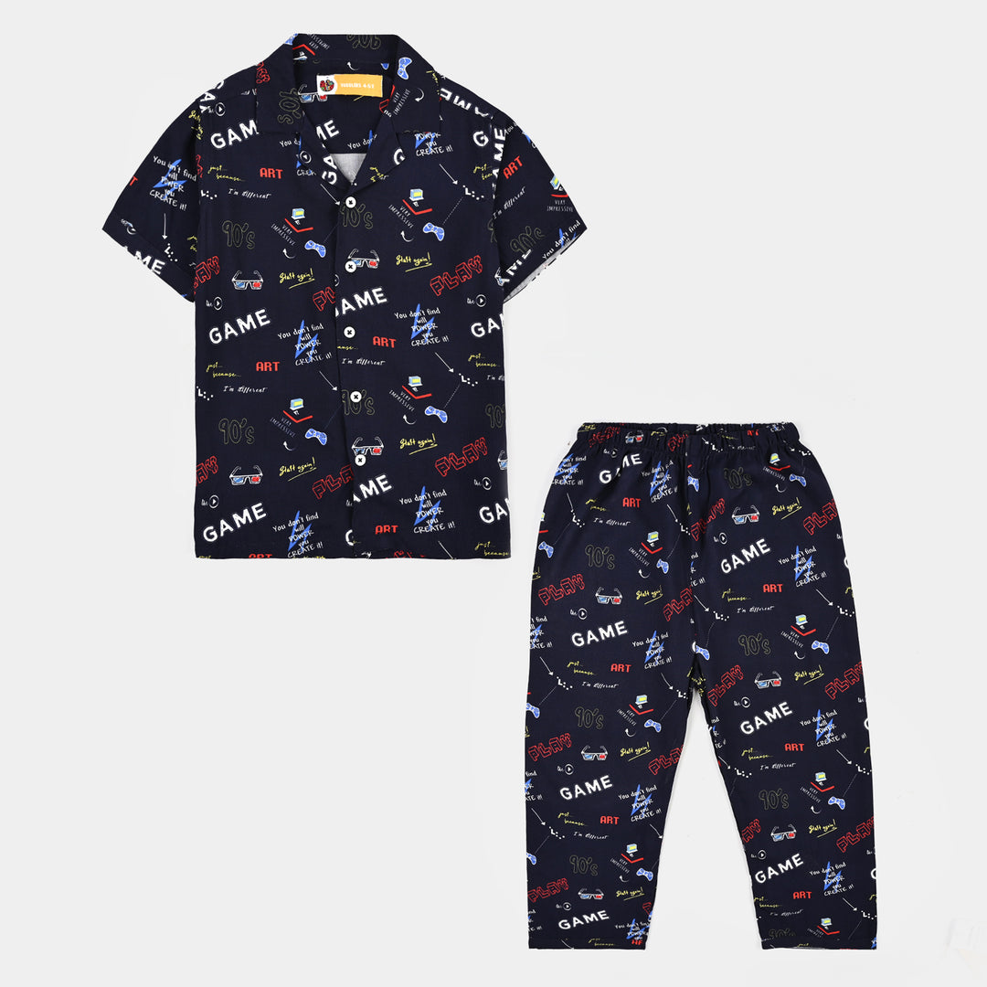 Boys Linen Viscose Nightwear-90's Game-NAVY