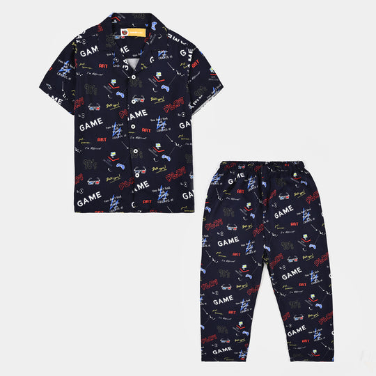 Boys Linen Viscose Nightwear-90's Game-NAVY