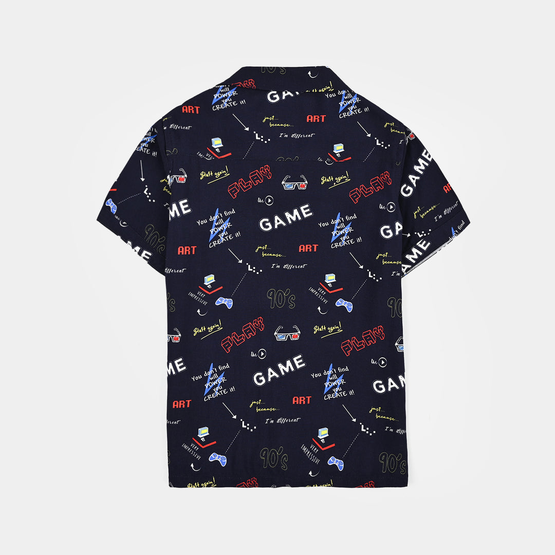 Boys Linen Viscose Nightwear-90's Game-NAVY