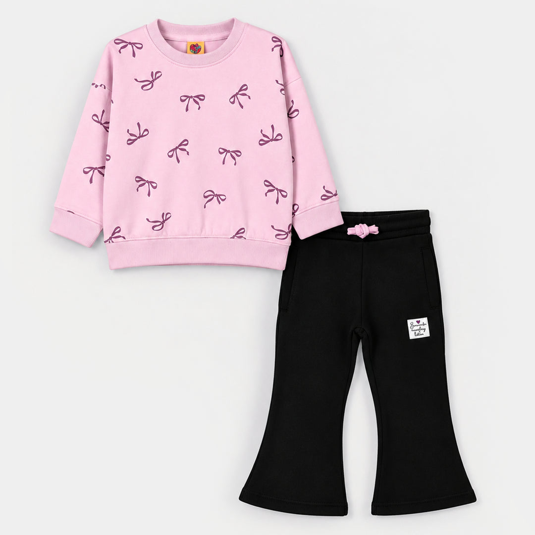 Girls Fleece 2 Piece Suit Bow Pattern-Orchid