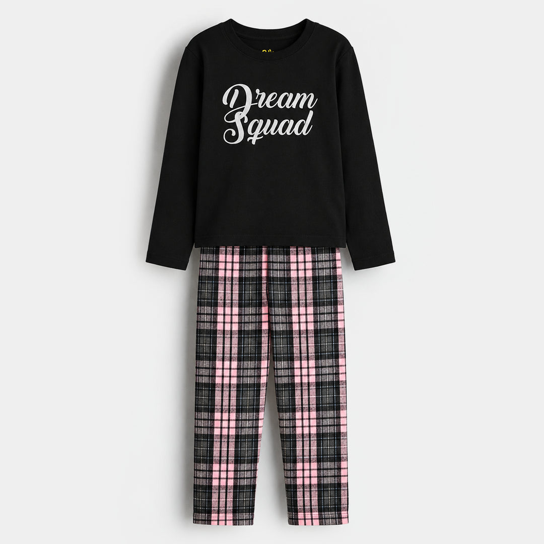 Girls Poly Cotton Jersey Night Suit Dream Squad - Black/Pink