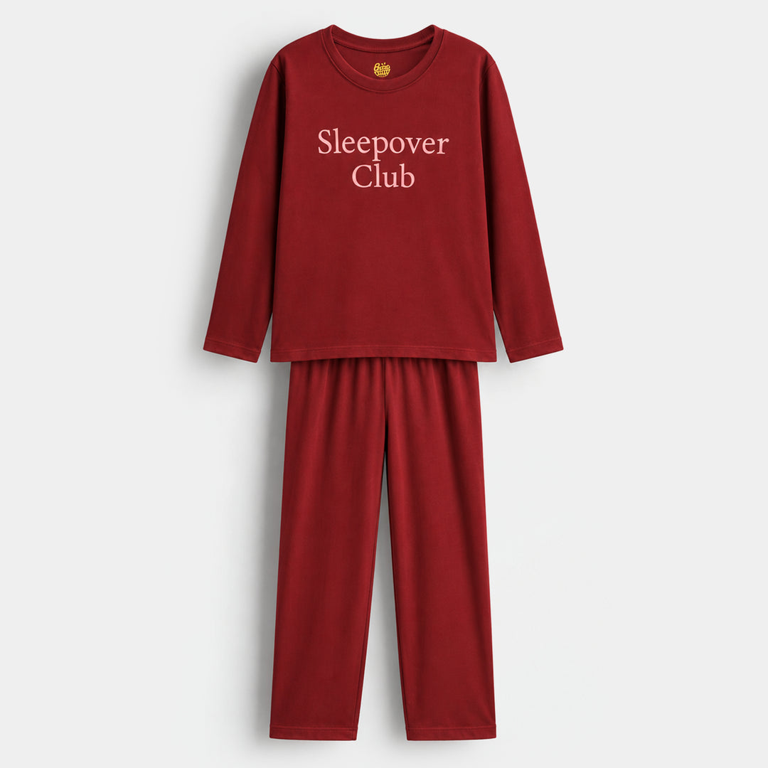 Girls Poly Cotton Jersey Night Suit Sleep over club - Red