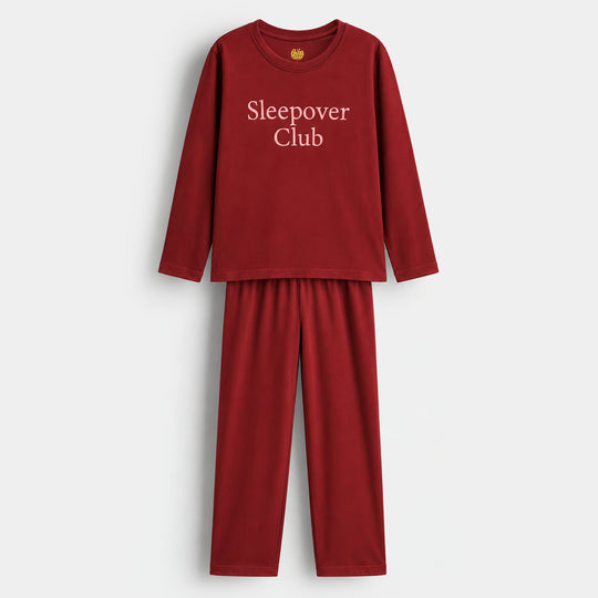 Girls Poly Cotton Jersey Night Suit Sleep over club - Red