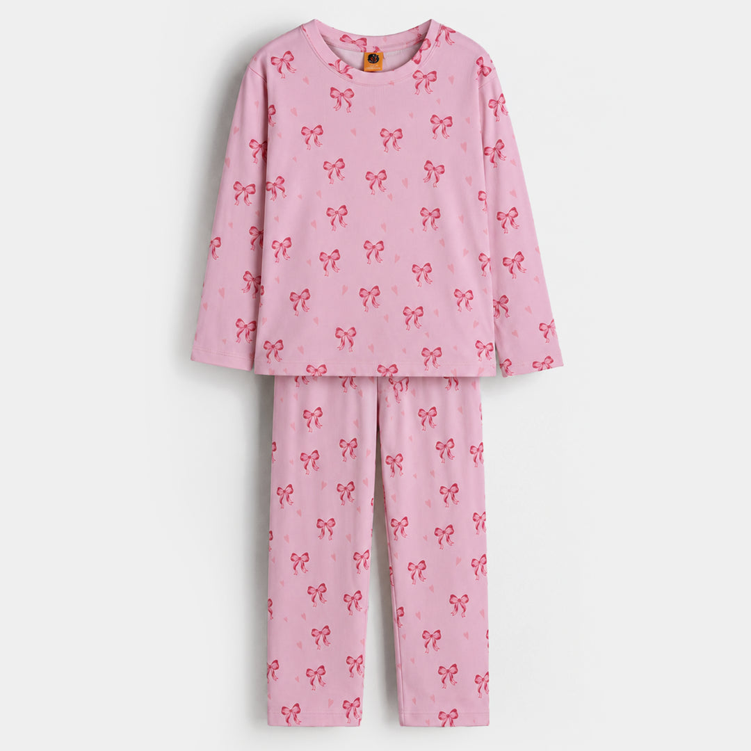 Girls PC Jersey Night Suit Bow Repeat-Pink