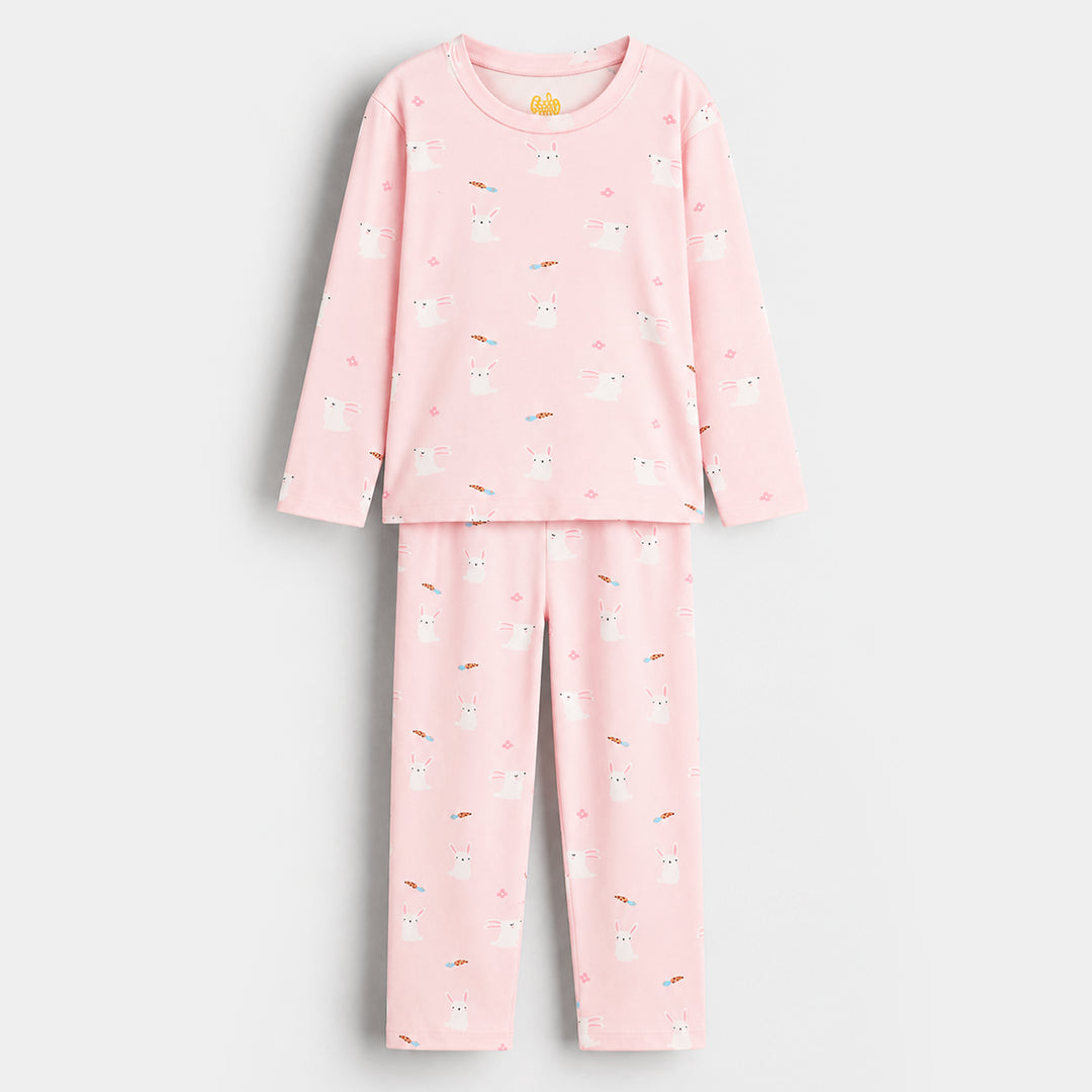 Girls Cotton Night Suit Rabbit - Pink