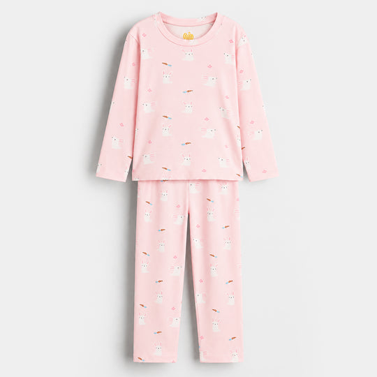 Girls Cotton Night Suit Rabbit - Pink