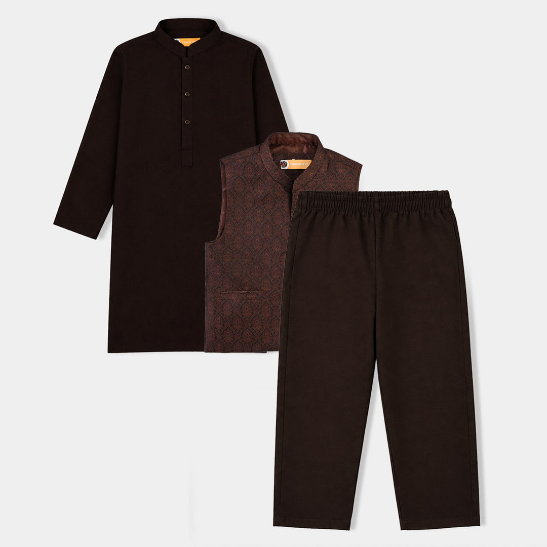 Boys Poly Viscose 3Piece Suit (Damask)-BROWN