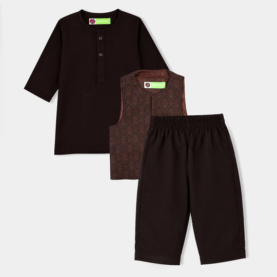 Infant Boys Poly Viscose 3Piece Suit (Damask)-BROWN