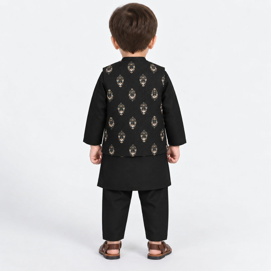 Infant Boys Cotton Slub 3Piece Suit (Gul-E-Rang)-BLACK