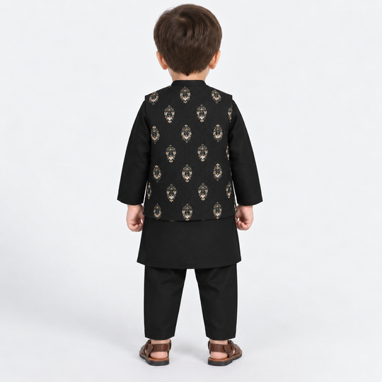 Infant Boys Cotton Slub 3Piece Suit (Gul-E-Rang)-BLACK