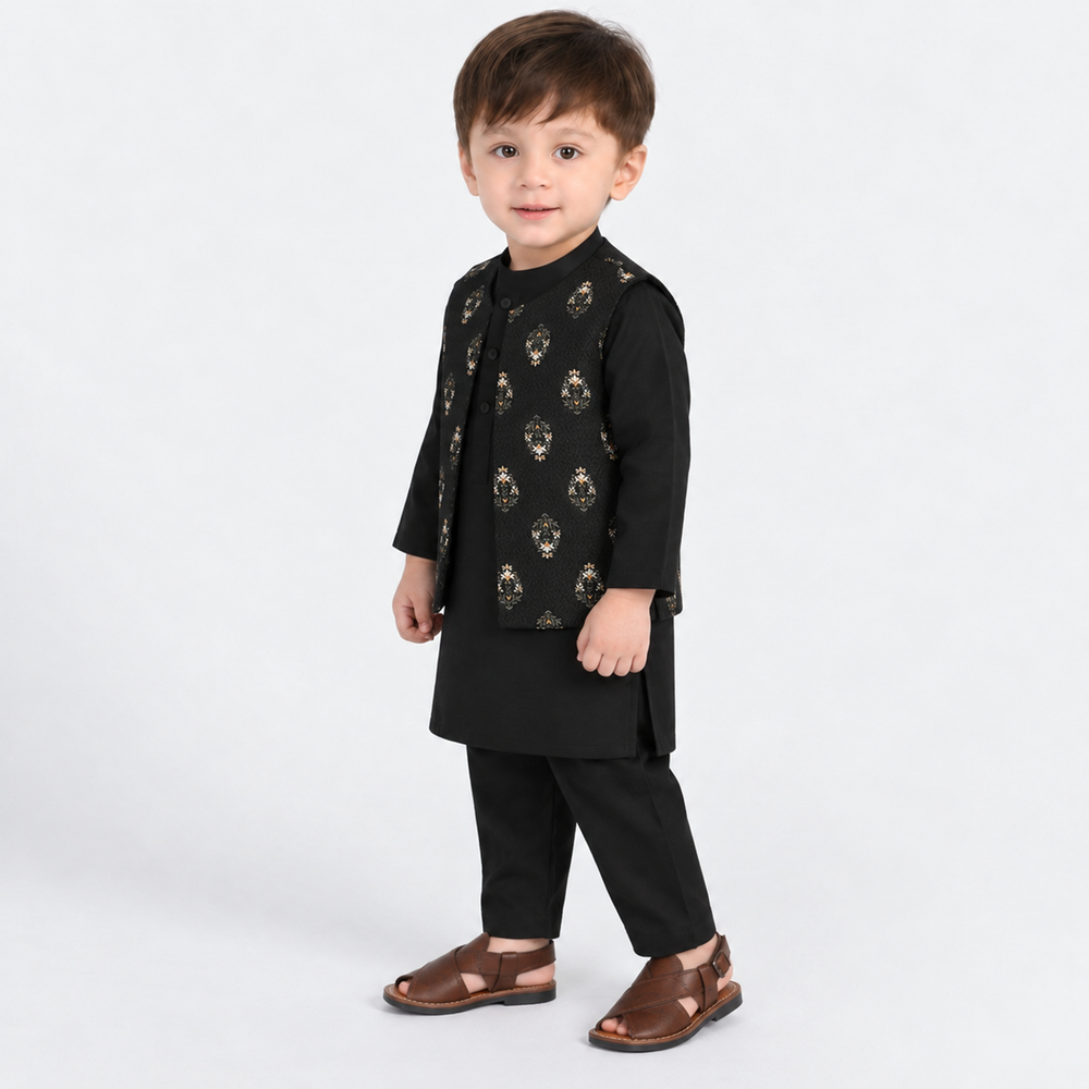Infant Boys Cotton Slub 3Piece Suit (Gul-E-Rang)-BLACK