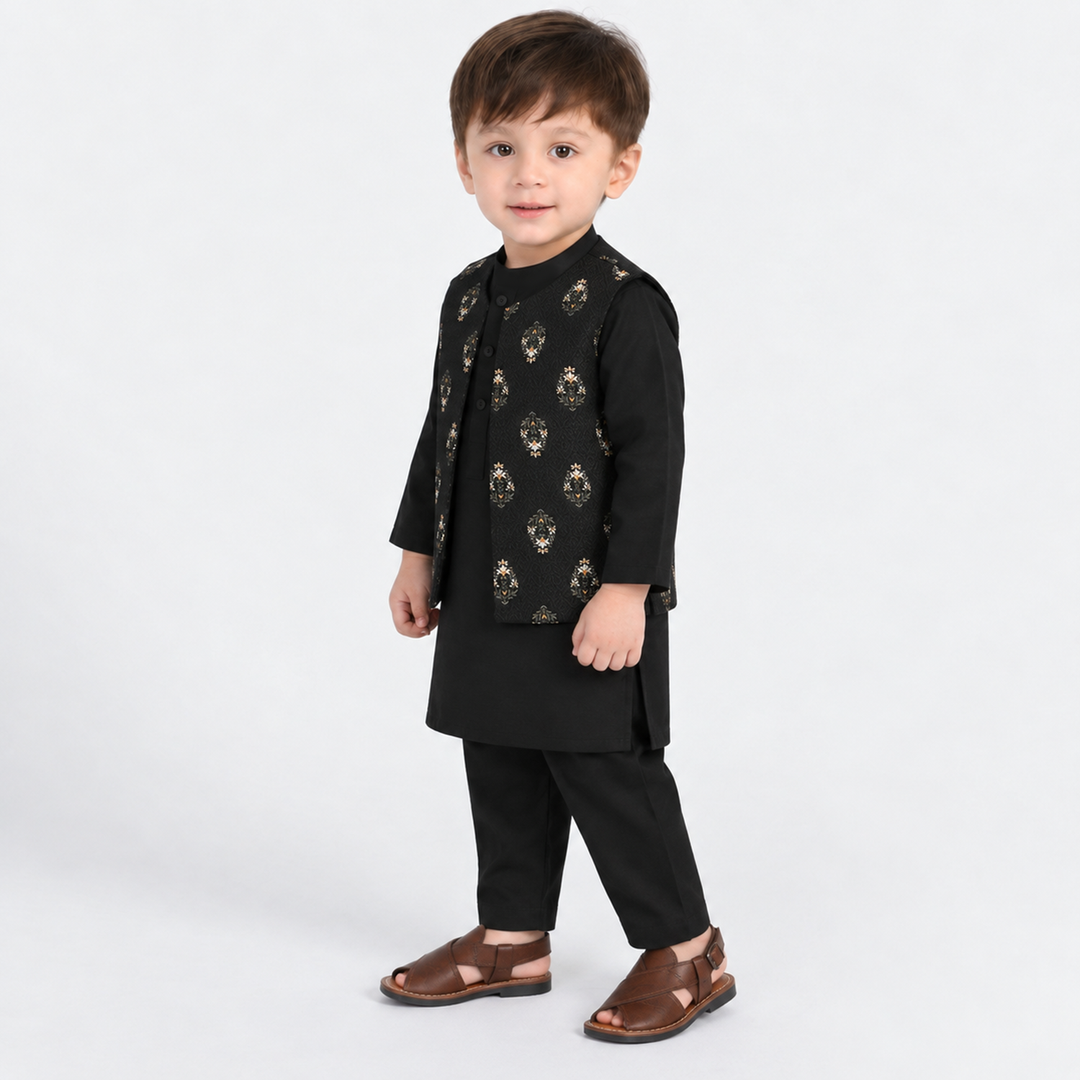 Infant Boys Cotton Slub 3Piece Suit (Gul-E-Rang)-BLACK