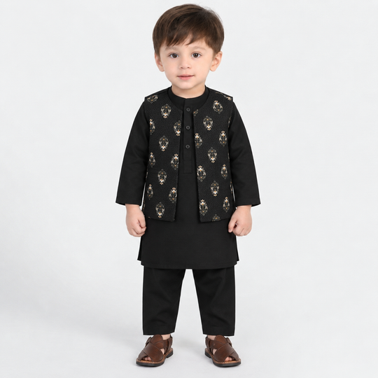 Infant Boys Cotton Slub 3Piece Suit (Gul-E-Rang)-BLACK