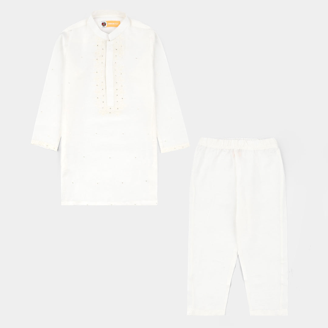 Boys Poly Cotton 2Piece Suit (Chamak)-White