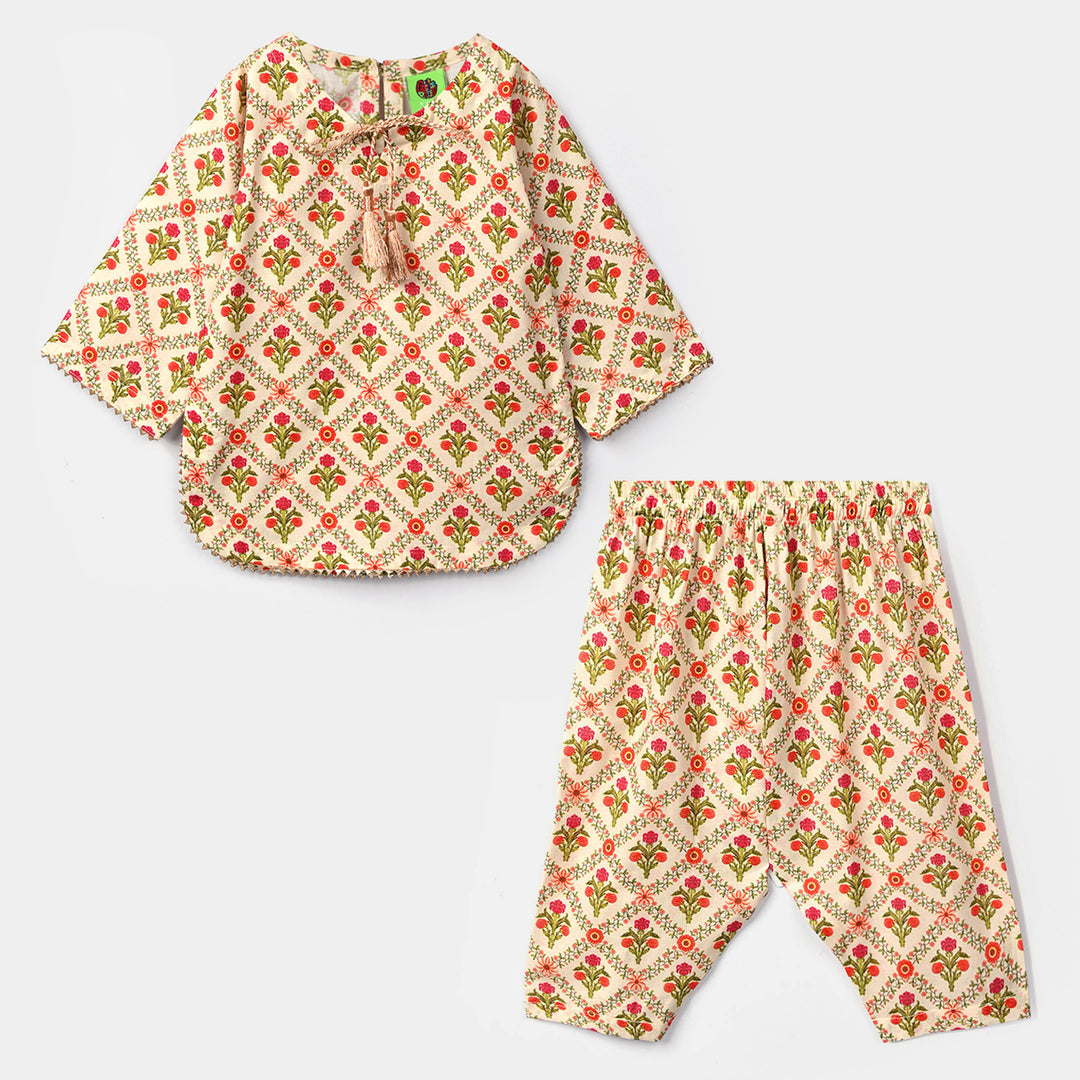 Infant Girls Cotton Printed 2Pcs Chamak-Cream