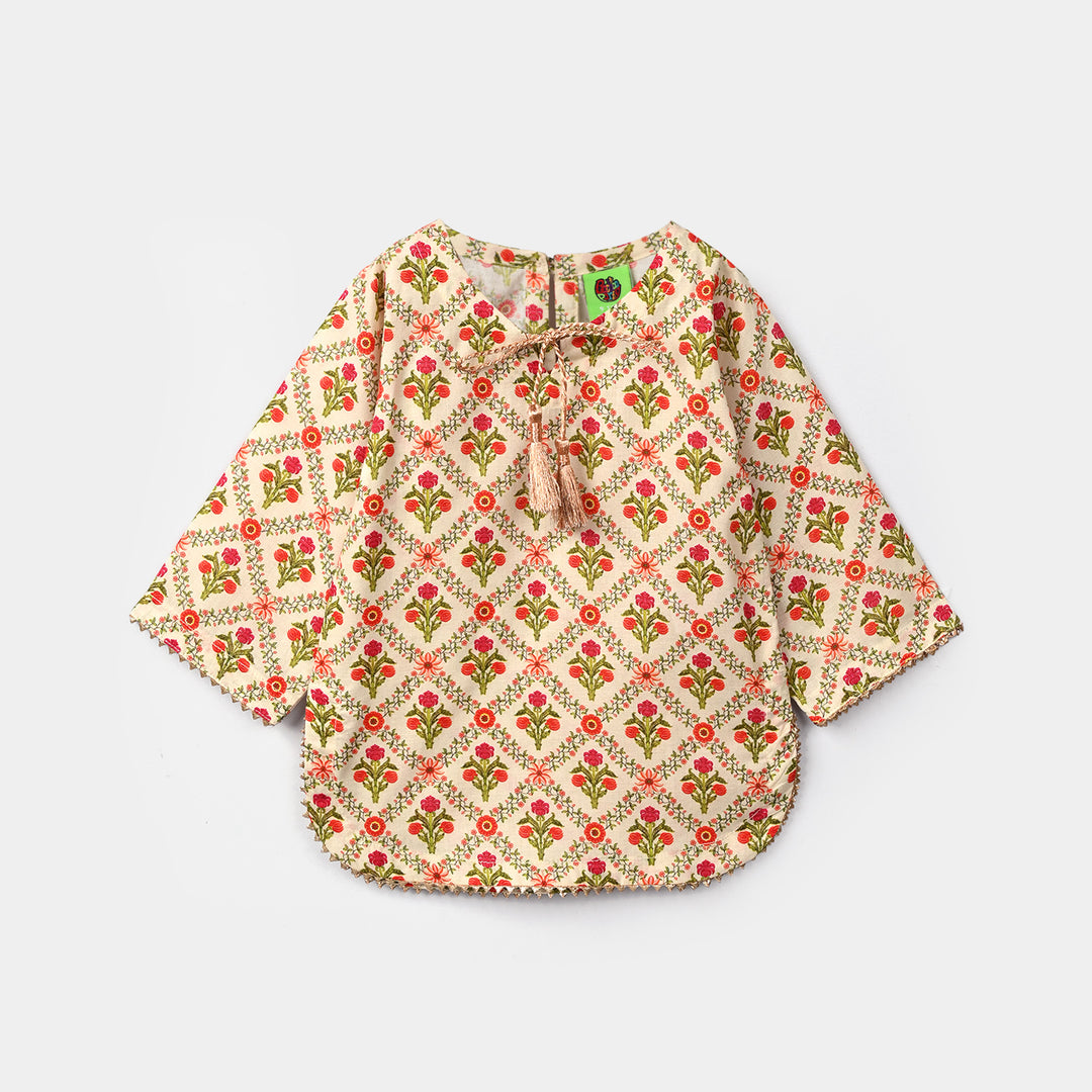 Infant Girls Cotton Printed 2Pcs Chamak-Cream