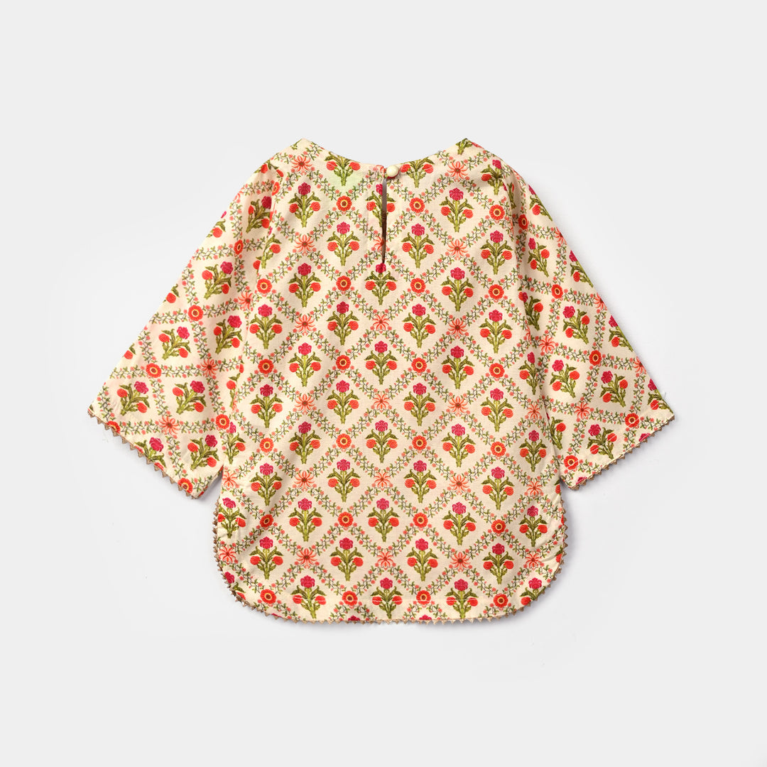 Infant Girls Cotton Printed 2Pcs Chamak-Cream