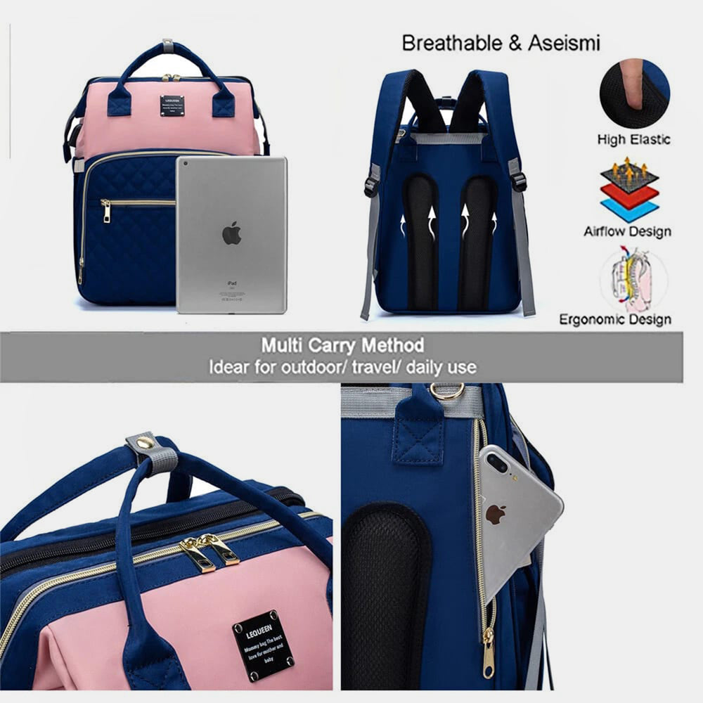 2-in-1 Foldable Diaper Backpack with Expandable Bassinet