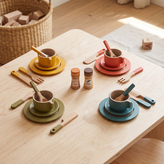 Wooden Play Kitchen Dishes & Cutlery Set -Dining Toy