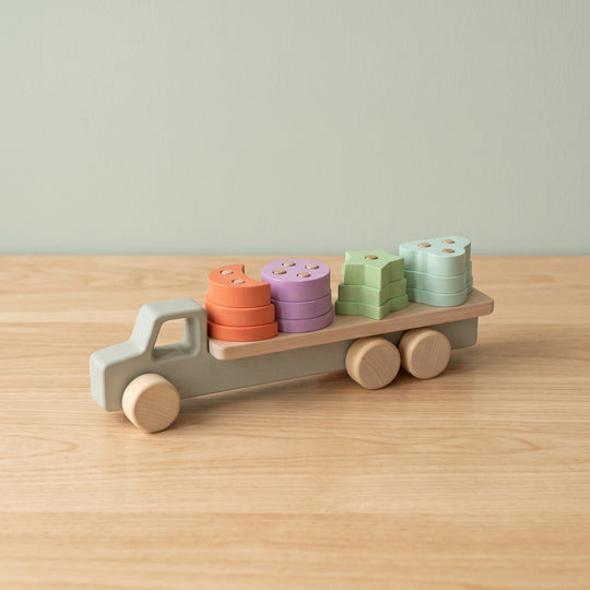 Educational Wooden Four-Pillar Shape Sorting Truck for Kids