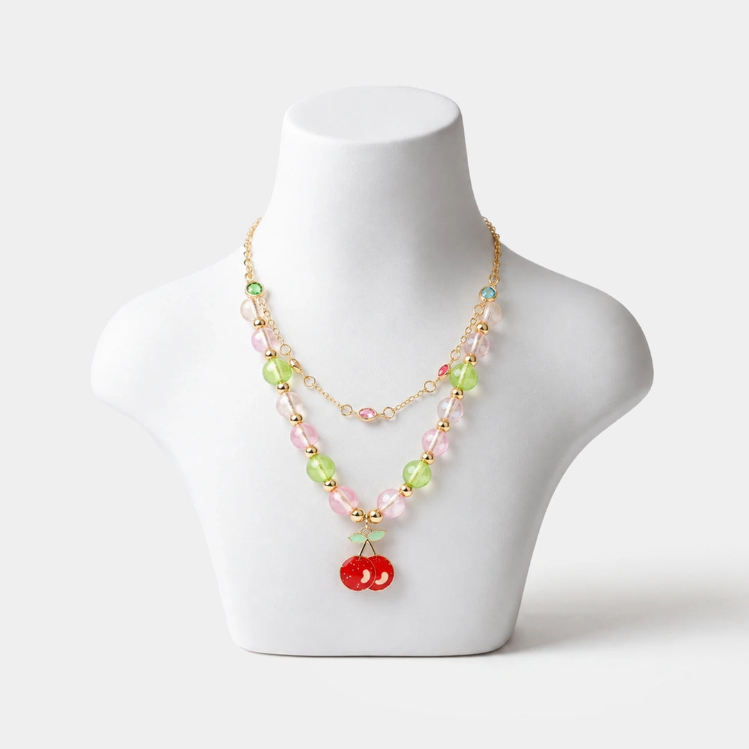 2-in-1 Chain Beads Red Cherry Pendant Necklace