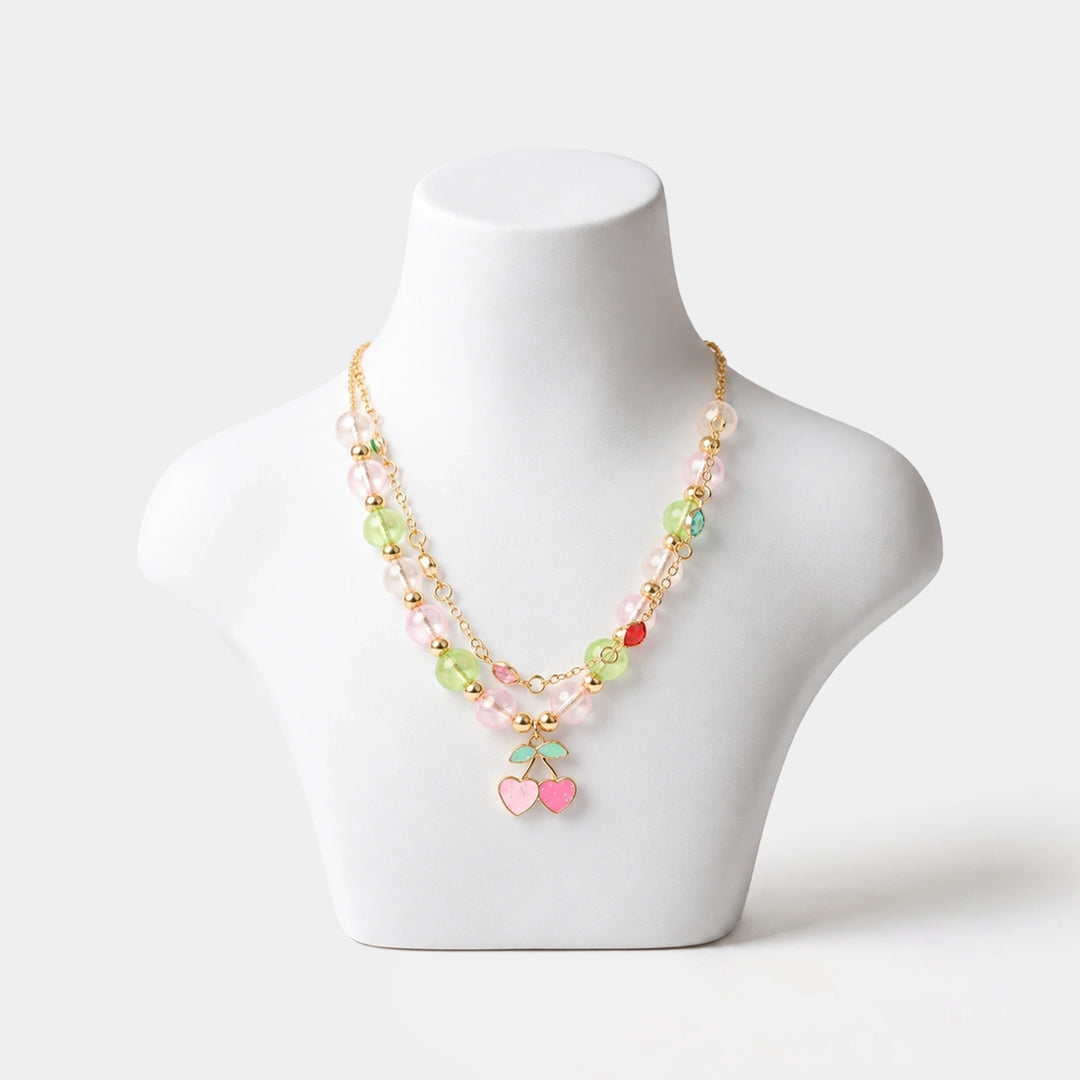 2-in-1 Chain Beads Pink Cherry Pendant Necklace