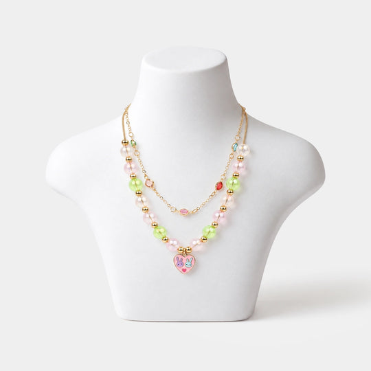 2-in-1 Chain Beads Pink Heart Pendant Necklace