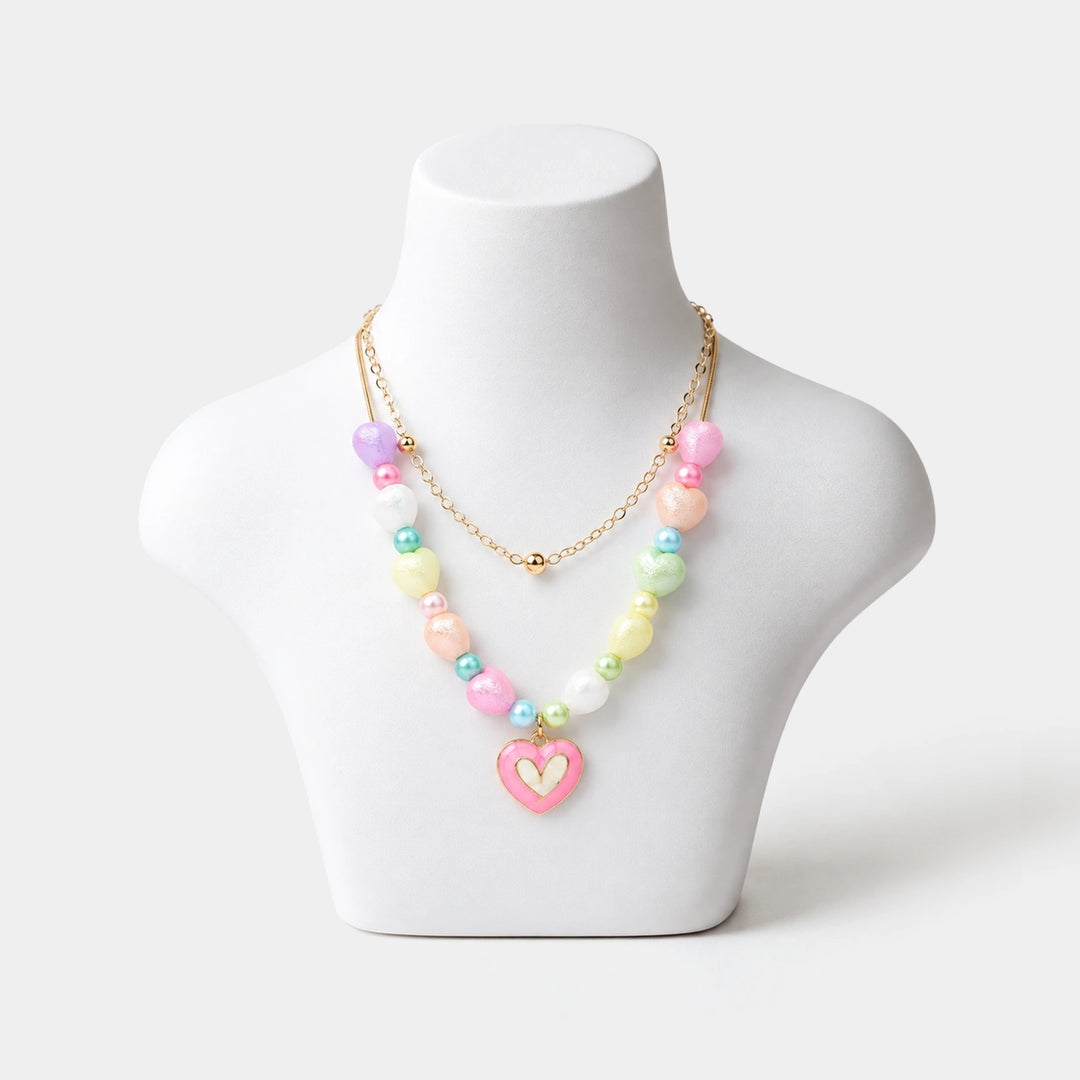 2-in-1 Chain Beads White Heart Pendant Necklace