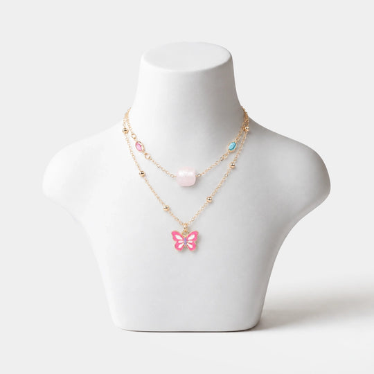 2-in-1 Chain Beads Pink Butterfly Pendant Necklace