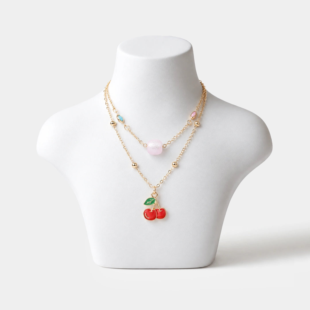 2-in-1 Chain Beads Red Cherry Pendant Necklace