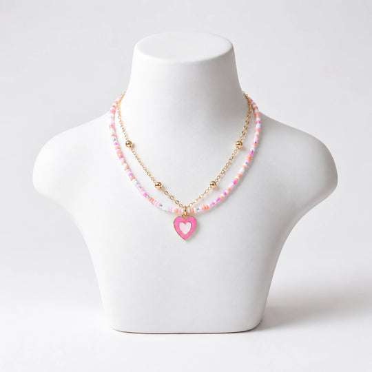 2-in-1 Chain Beads Pink Heart Pendant Necklace