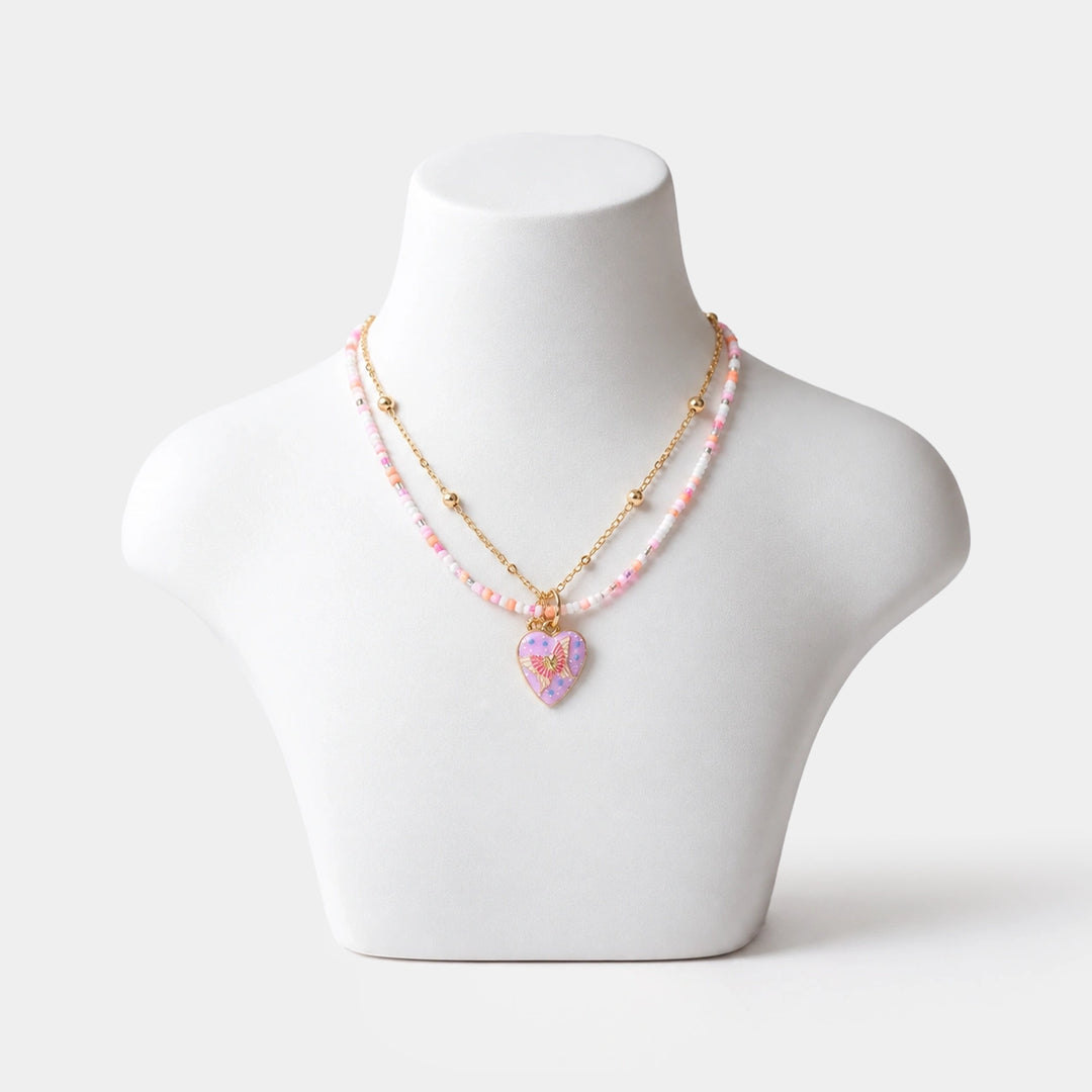 2-in-1 Chain Beads Butterfly Heart Pendant Necklace