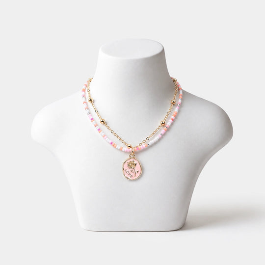 2-in-1 Chain Beads Pink Rose Pendant Necklace