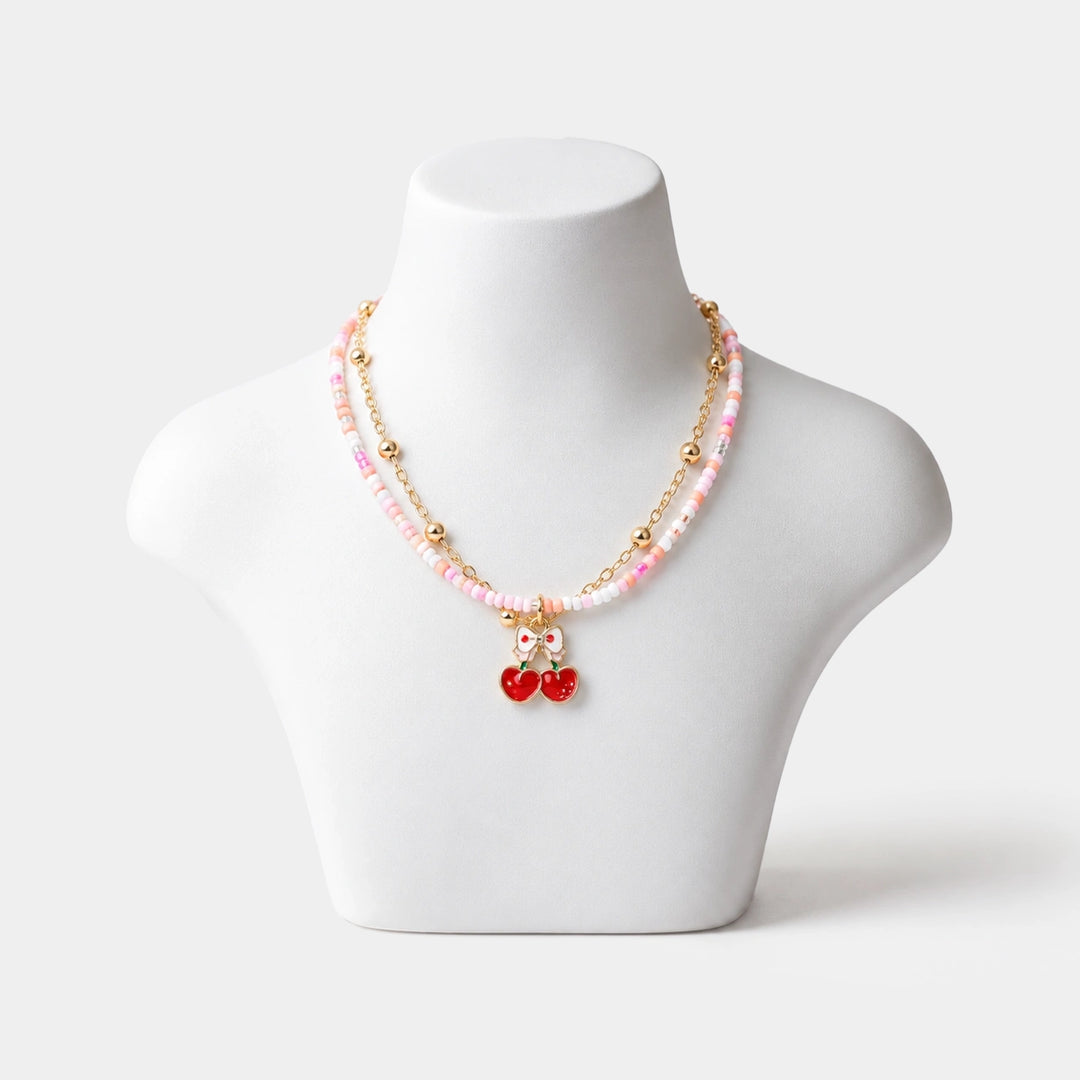 2-in-1 Chain Beads Red Cherry Pendant Necklace