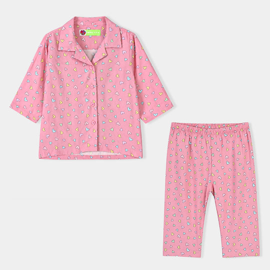Infant Girls Linen Viscose Nightwear-Multi Hearts-Pink